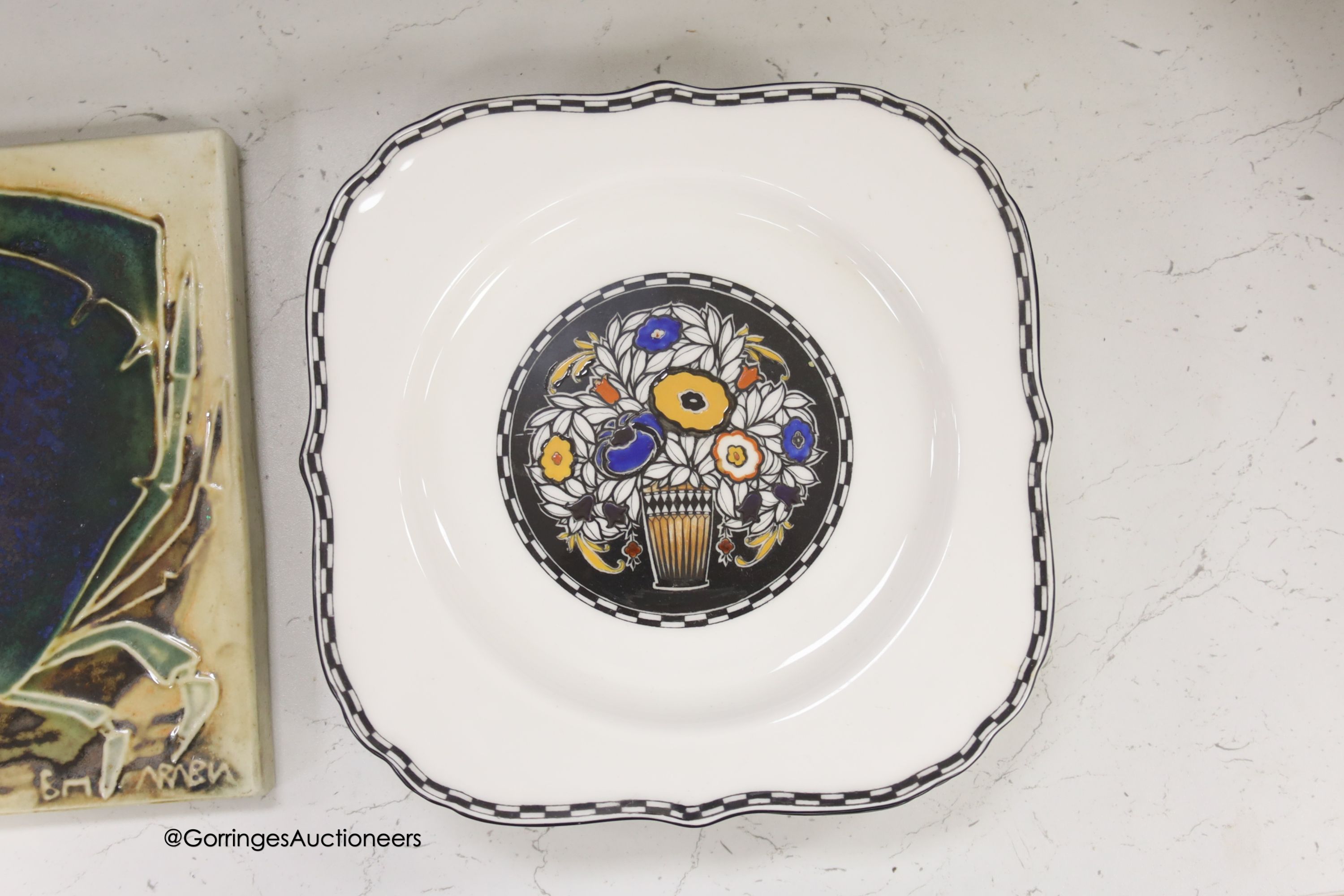 Four Chelsea pottery dishes, four Heal & Son plates, Glyn Colledge dish and similar pottery and an Arabia pottery crab plaque